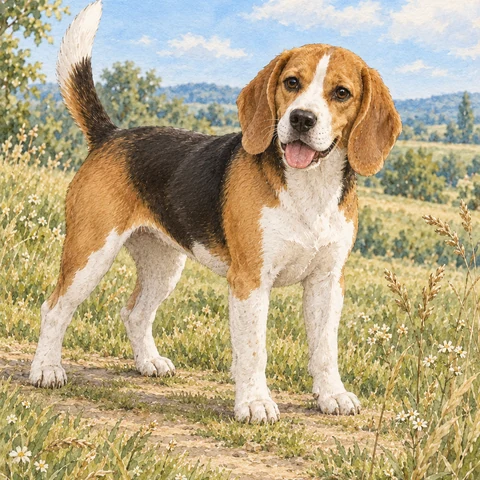 Watercolour portrait of a tricolour Beagle standing on a sunny path among wildflowers