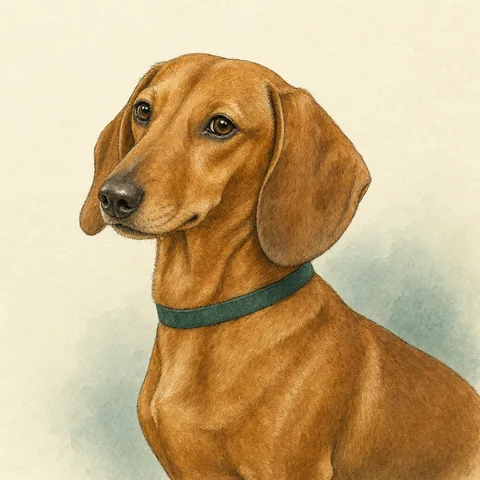 Watercolour portrait of a red smooth-coated Dachshund with long drop ears