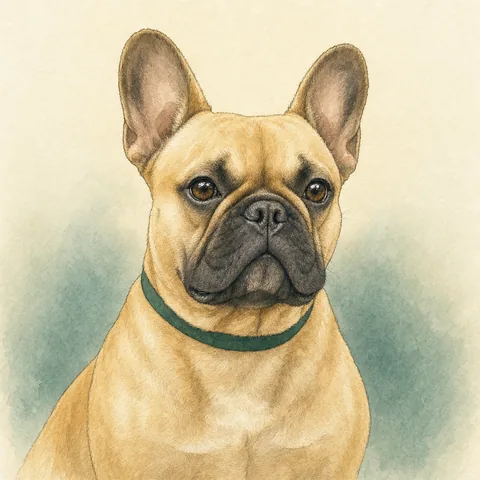 Watercolour portrait of a fawn French Bulldog with bat ears and a dark muzzle
