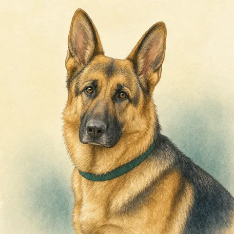 Watercolour portrait of a black-and-tan German Shepherd with upright ears