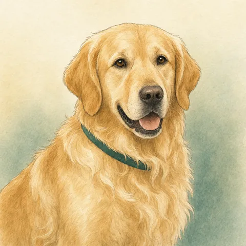 Watercolour portrait of a Golden Retriever with a long feathered golden coat