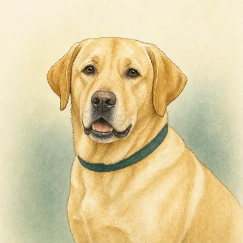 Watercolour portrait of a yellow Labrador Retriever in a green collar