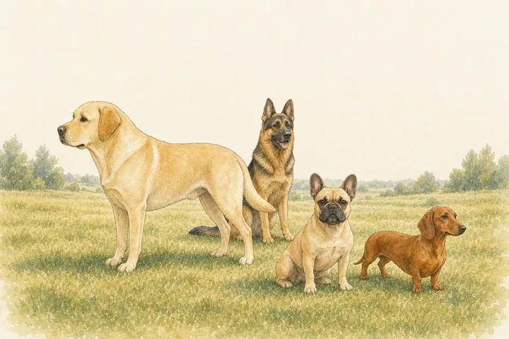 Watercolour of four very different dogs standing together in a summer meadow — a tall pale retriever, an upright black-and-tan shepherd dog, a small flat-faced bulldog and a low, long-bodied red hound
