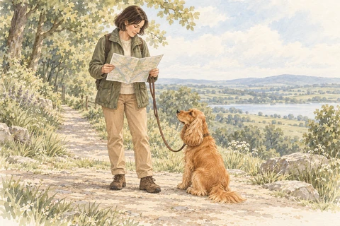 An adult Cocker Spaniel and its owner choosing a route on a countryside walk