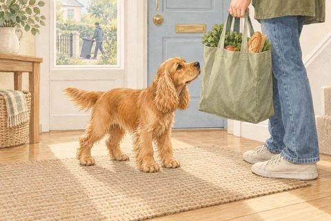 A young Cocker Spaniel investigates a shopping bag beside its owner in the illustrated puppy chapter