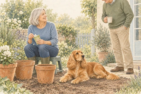An older Cocker Spaniel resting beside its people while they spend time in the garden