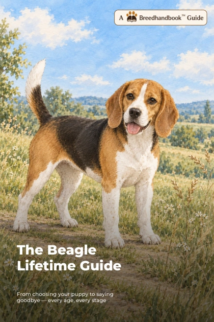 Cover of The Beagle Lifetime Guide: a tricolour Beagle standing on a flower-lined path