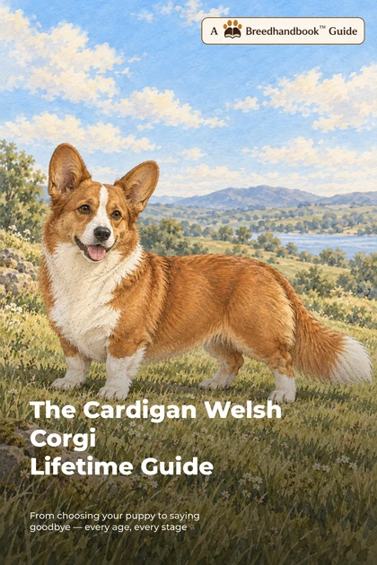 Front cover of The Cardigan Welsh Corgi Lifetime Guide: a watercolour red-and-white Cardigan on a hillside above a lake