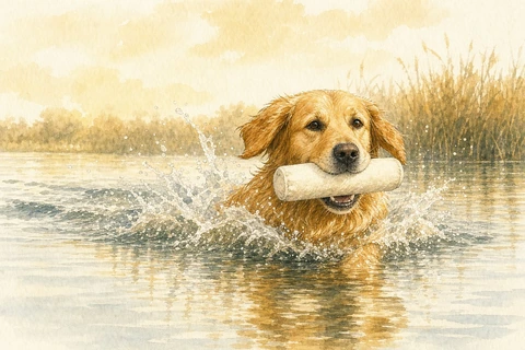 An adult Golden Retriever carries a retrieving dummy through the water in the Chapter 6 watercolour
