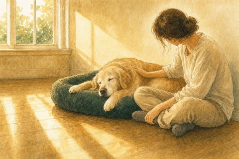 An elderly Golden Retriever rests peacefully on its bed while its owner strokes its back