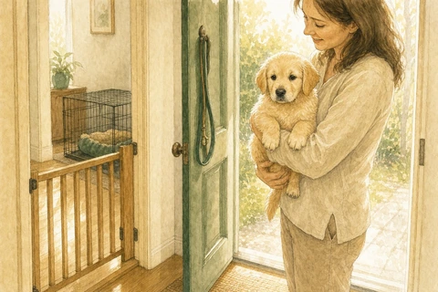 A small Golden Retriever puppy arrives at a prepared home in its owner’s arms