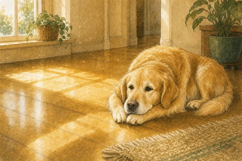 A white-muzzled Golden Retriever rests with its head on its paws beside a sunny window