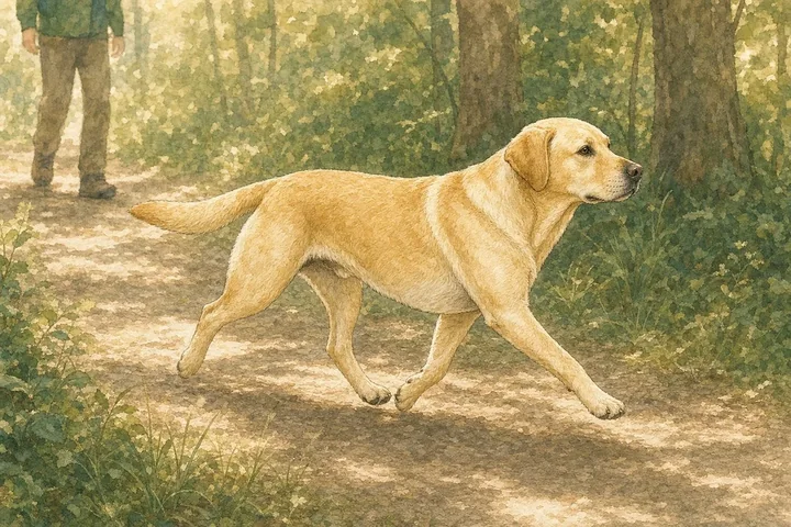 Watercolour of an adult yellow Labrador mid-stride along a woodland path, a person walking behind