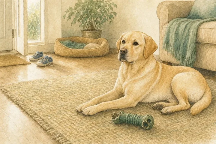 Watercolour of an adult yellow Labrador lying on a rug in a sunlit living room