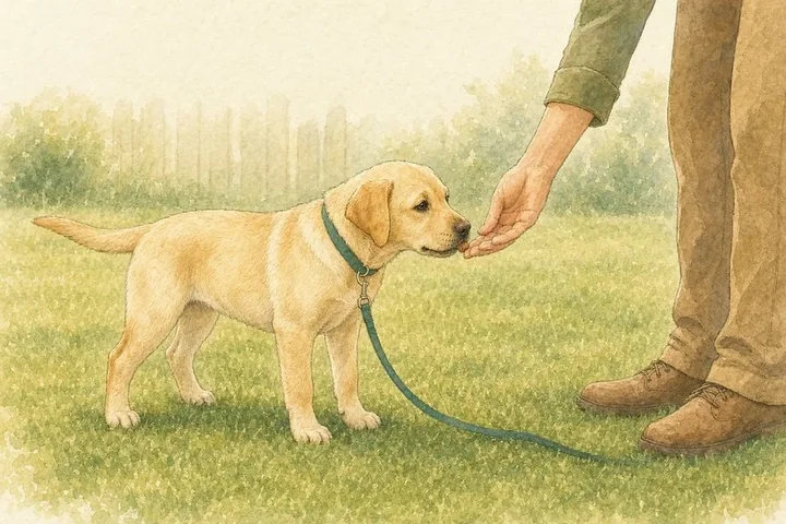 Watercolour of a yellow Labrador puppy standing on grass on a lead, taking a treat from a hand