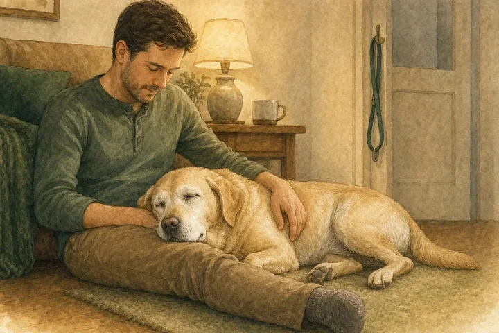 Watercolour of a grey-muzzled senior Labrador resting in soft light