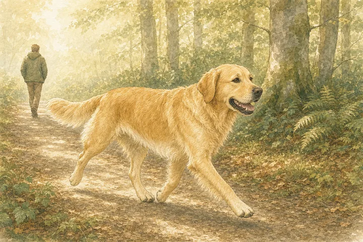 Watercolour of an adult dog trotting along a sunlit woodland path ahead of their person