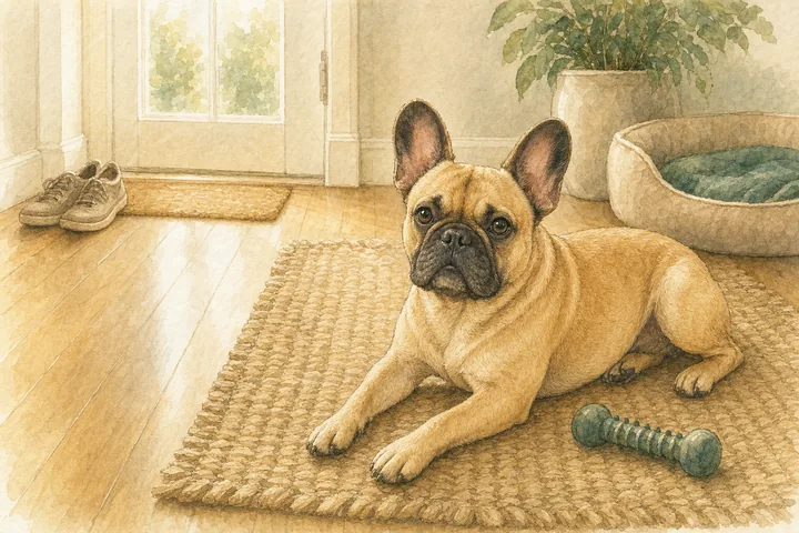 Watercolour of a dog settled on a hallway rug beside a chew toy, the front door behind them