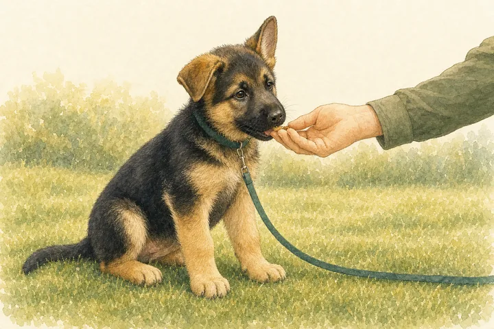 Watercolour of a puppy sitting on a lead, taking a treat from an outstretched hand