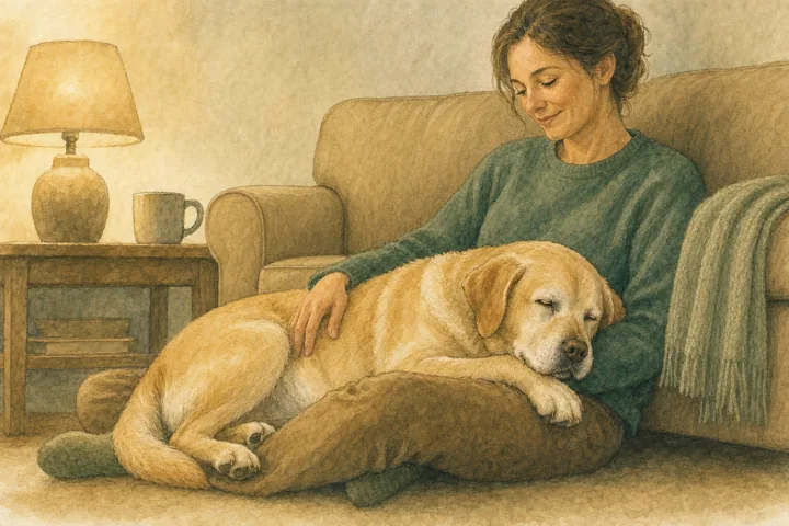Watercolour of an older, pale-muzzled dog asleep across their person's lap by a lamp
