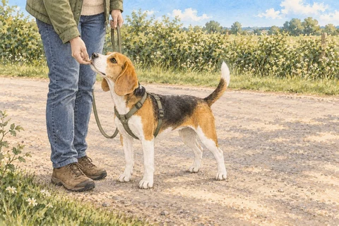 A young Beagle on a lead looks up at its owner on a path beside a hedge