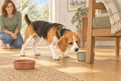 An adult Beagle searches among open containers while its owner watches nearby