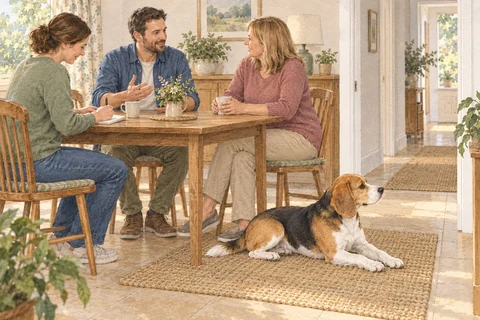 Watercolour of a Beagle resting beside a family talking around their kitchen table