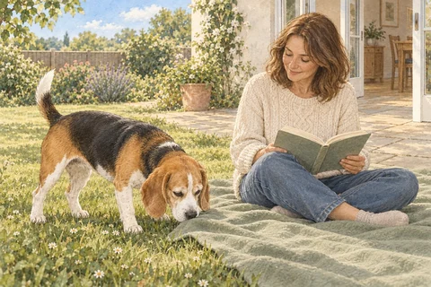 An older Beagle sniffs the grass beside an owner reading on a blanket in the garden