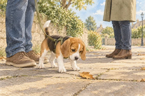 A Beagle puppy explores a quiet path while two people give it room on a loose lead
