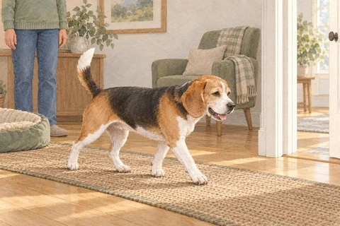 An older Beagle walks along a clear mat-covered route from its bed to an open doorway