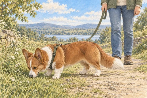 An adolescent Cardigan sniffs beside a lakeside path while its owner holds the lead