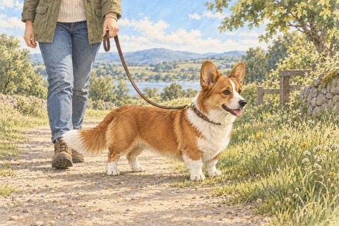 An adult Cardigan pauses on a sunny path with its owner beside a lake