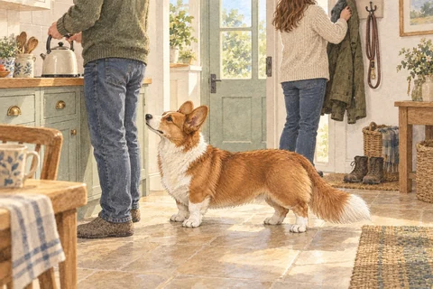 Watercolour of an adult Cardigan looking up at its family in a bright hallway