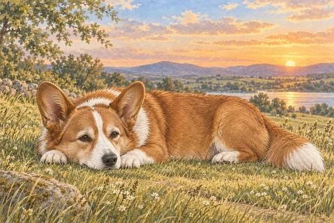 A watercolour Cardigan rests in the grass above a lake in the evening light
