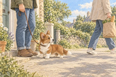 A Cardigan puppy watches a passer-by from a quiet garden entrance beside its owner