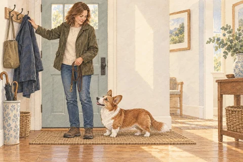 An older Cardigan stands on a hallway runner while its owner gets ready for a walk