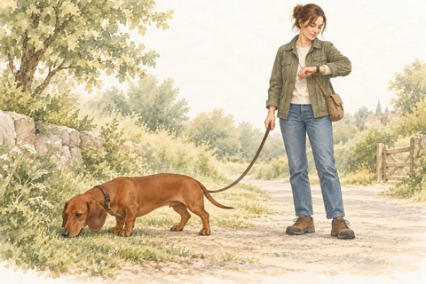 An adolescent Dachshund stops to investigate a scent while its owner waits with the lead