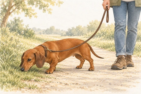 An adult Dachshund explores a grassy path on a relaxed walk with its owner