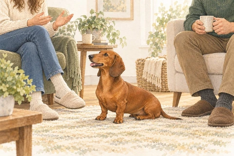 Watercolour of a red Dachshund sitting between two people in a welcoming living room