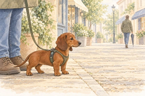 A Dachshund puppy on a lead watches a quiet street beside its owner