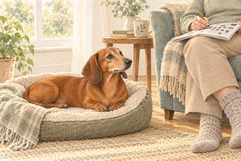 An older Dachshund rests in a cushioned bed beside its owner&rsquo;s chair