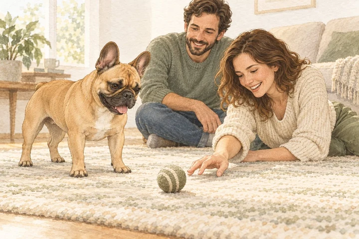 Watercolor of an adult French Bulldog playing with a ball and two people on a living-room rug