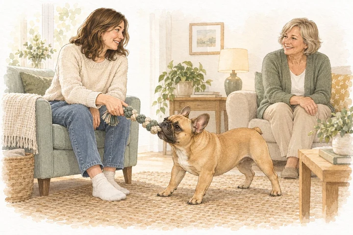 Watercolor of a fawn French Bulldog playing with a rope toy beside two people at home