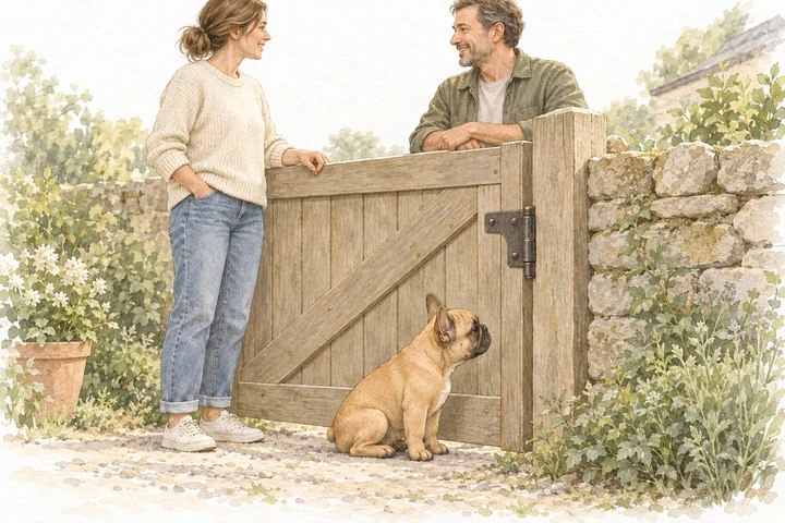 Watercolor of a young French Bulldog meeting the world beside a garden gate