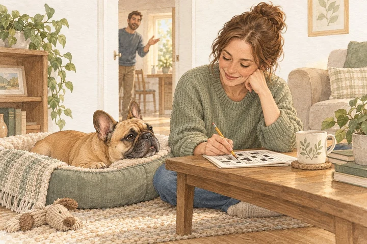 Watercolor of an older French Bulldog resting in a bed beside a person doing a crossword
