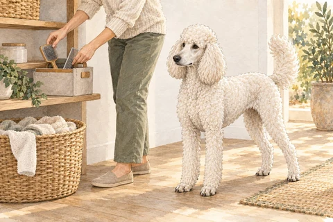 An adult Poodle beside its owner and grooming tools during everyday coat care