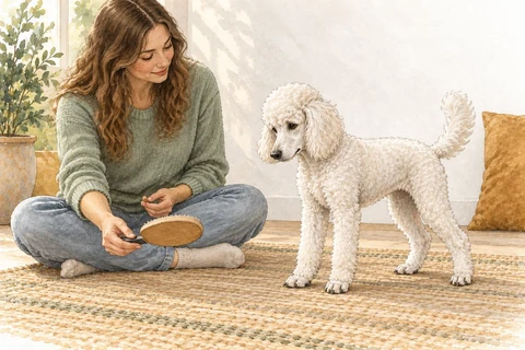 An owner introduces a grooming brush beside a white Poodle in an illustration from Chapter 4