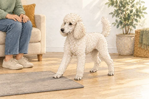 A white Poodle puppy explores a mat beside its owner during early experiences