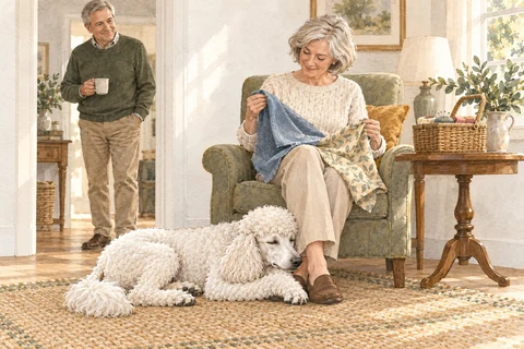An older white Poodle rests beside its owner in a quiet room