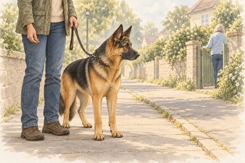 A young German Shepherd pauses on a lead beside its owner as someone opens a nearby gate